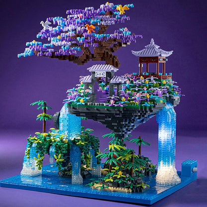 Japanese Purple Sakura Tree Temple Waterfall Nano Building Blocks - Limited Stock