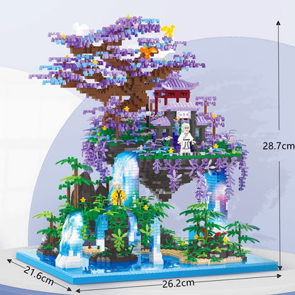 Japanese Purple Sakura Tree Temple Waterfall Nano Building Blocks - Limited Stock