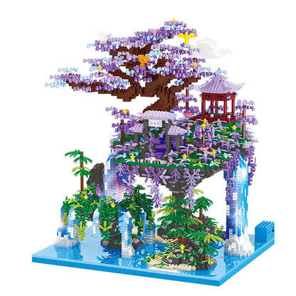 Japanese Purple Sakura Tree Temple Waterfall Nano Building Blocks - Limited Stock