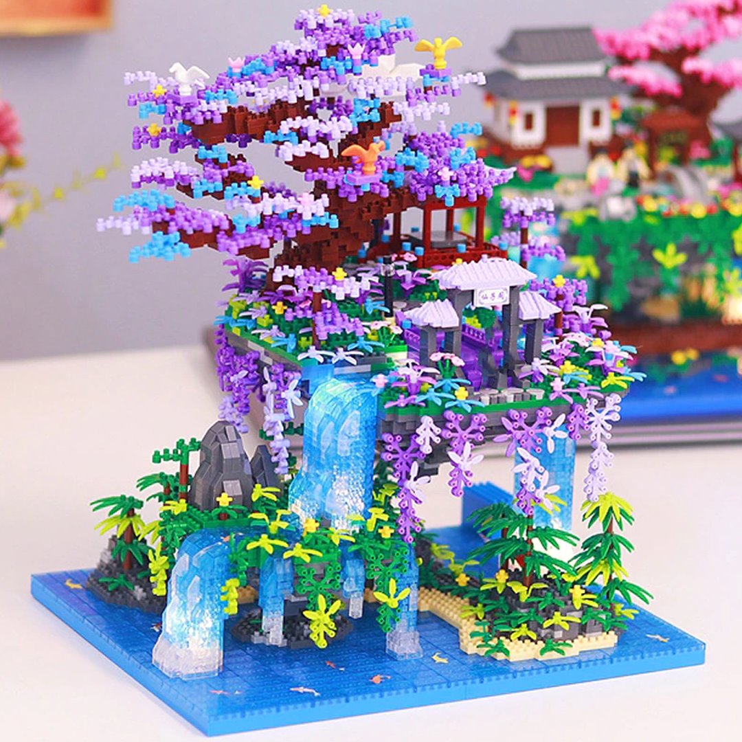 Japanese Purple Sakura Tree Temple Waterfall Nano Building Blocks - Limited Stock