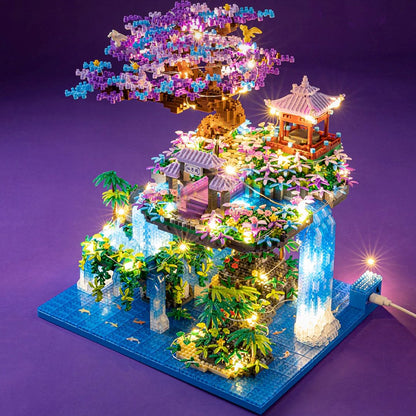 Japanese Purple Sakura Tree Temple Waterfall Nano Building Blocks - Limited Stock
