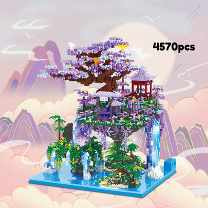 Japanese Purple Sakura Tree Temple Waterfall Nano Building Blocks - Limited Stock