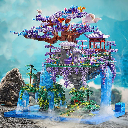 Japanese Purple Sakura Tree Temple Waterfall Nano Building Blocks - Limited Stock