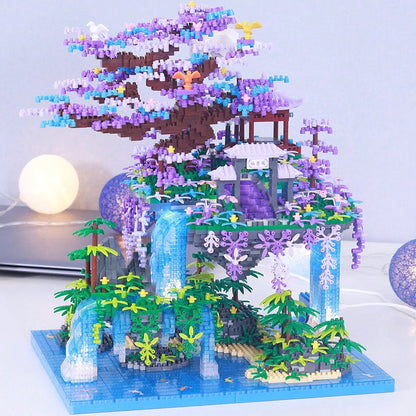 Japanese Purple Sakura Tree Temple Waterfall Nano Building Blocks - Limited Stock