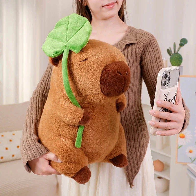 Kawaii Capybara Plushie Holding Leaf