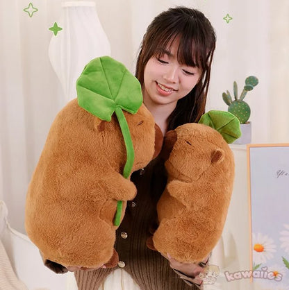 Kawaii Capybara Plushie Holding Leaf