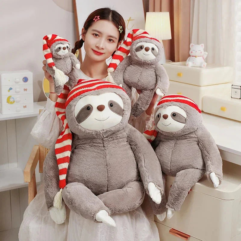 Kawaii Christmas Sloth Plush with Striped Hat