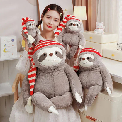 Kawaii Christmas Sloth Plush with Striped Hat
