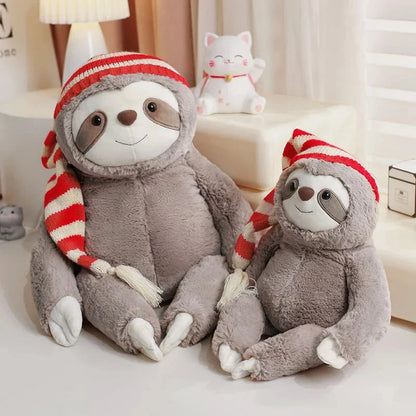 Kawaii Christmas Sloth Plush with Striped Hat