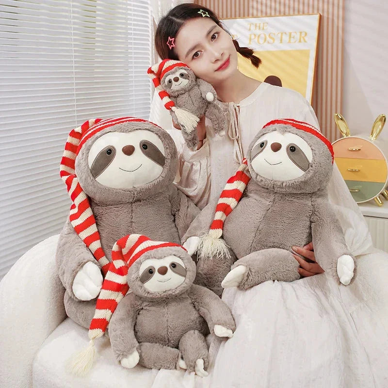 Kawaii Christmas Sloth Plush with Striped Hat