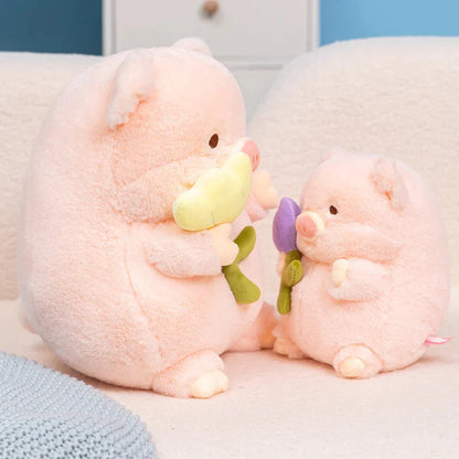 Kawaii Chunky Pig holding Flower Plushie