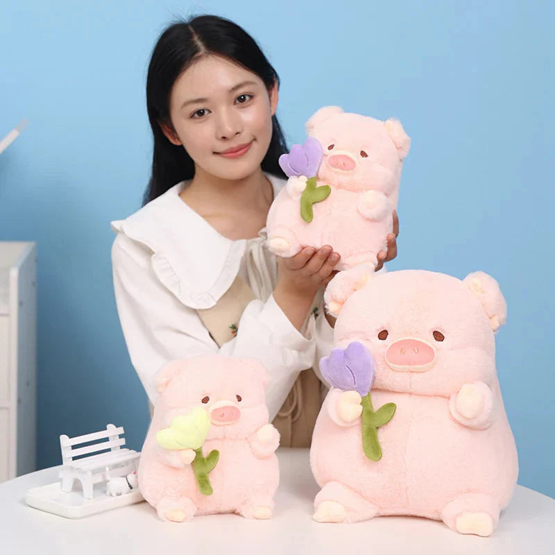 Kawaii Chunky Pig holding Flower Plushie