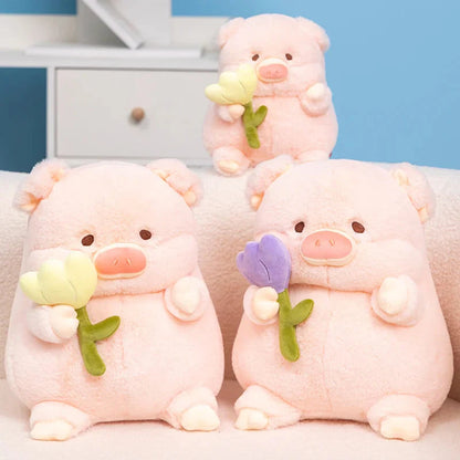 Kawaii Chunky Pig holding Flower Plushie