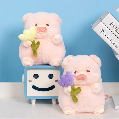 Kawaii Chunky Pig holding Flower Plushie