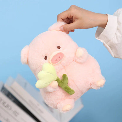 Kawaii Chunky Pig holding Flower Plushie