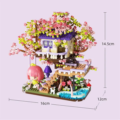 Kawaii Sakura Cherry Blossom Purple Tree House Nano Building Set