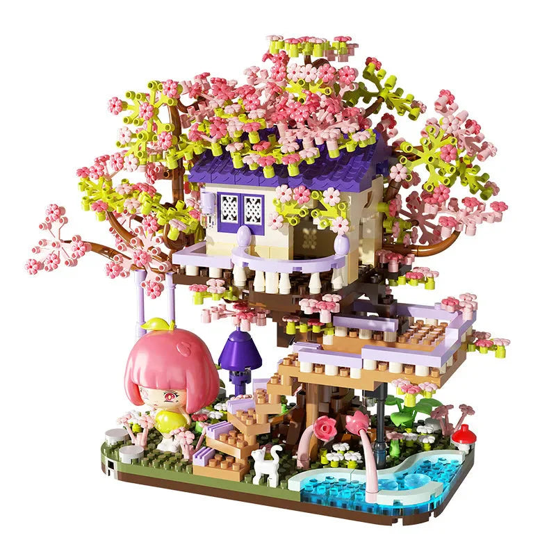 Kawaii Sakura Cherry Blossom Purple Tree House Nano Building Set