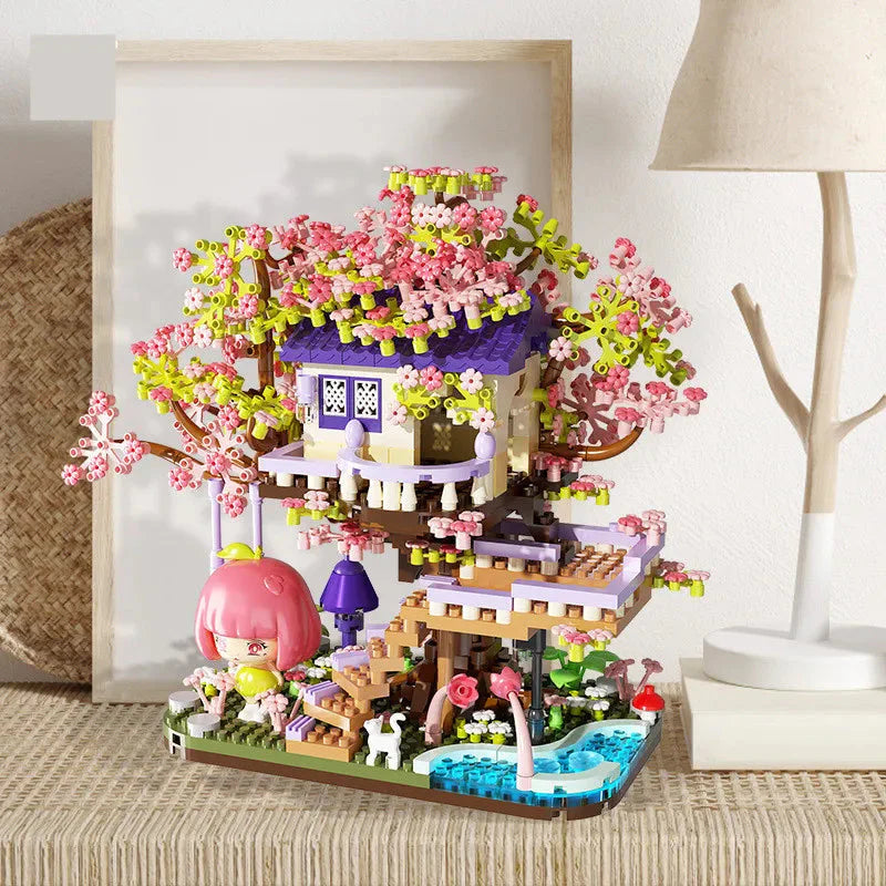 Kawaii Sakura Cherry Blossom Purple Tree House Nano Building Set
