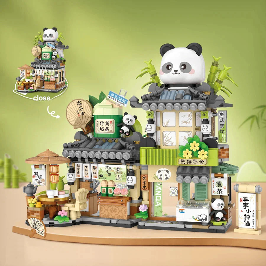 Panda and Brown Bear Tea Cafes Micro Building Set Collection