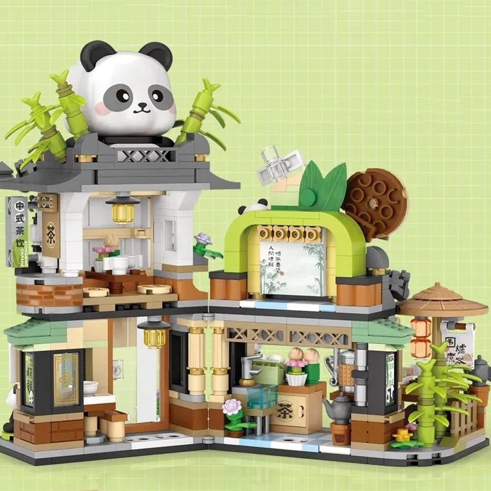 Panda and Brown Bear Tea Cafes Micro Building Set Collection