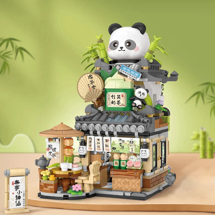 Panda and Brown Bear Tea Cafes Micro Building Set Collection