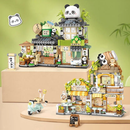 Panda and Brown Bear Tea Cafes Micro Building Set Collection