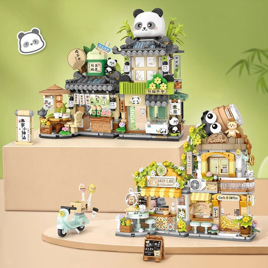 Panda and Brown Bear Tea Cafes Micro Building Set Collection