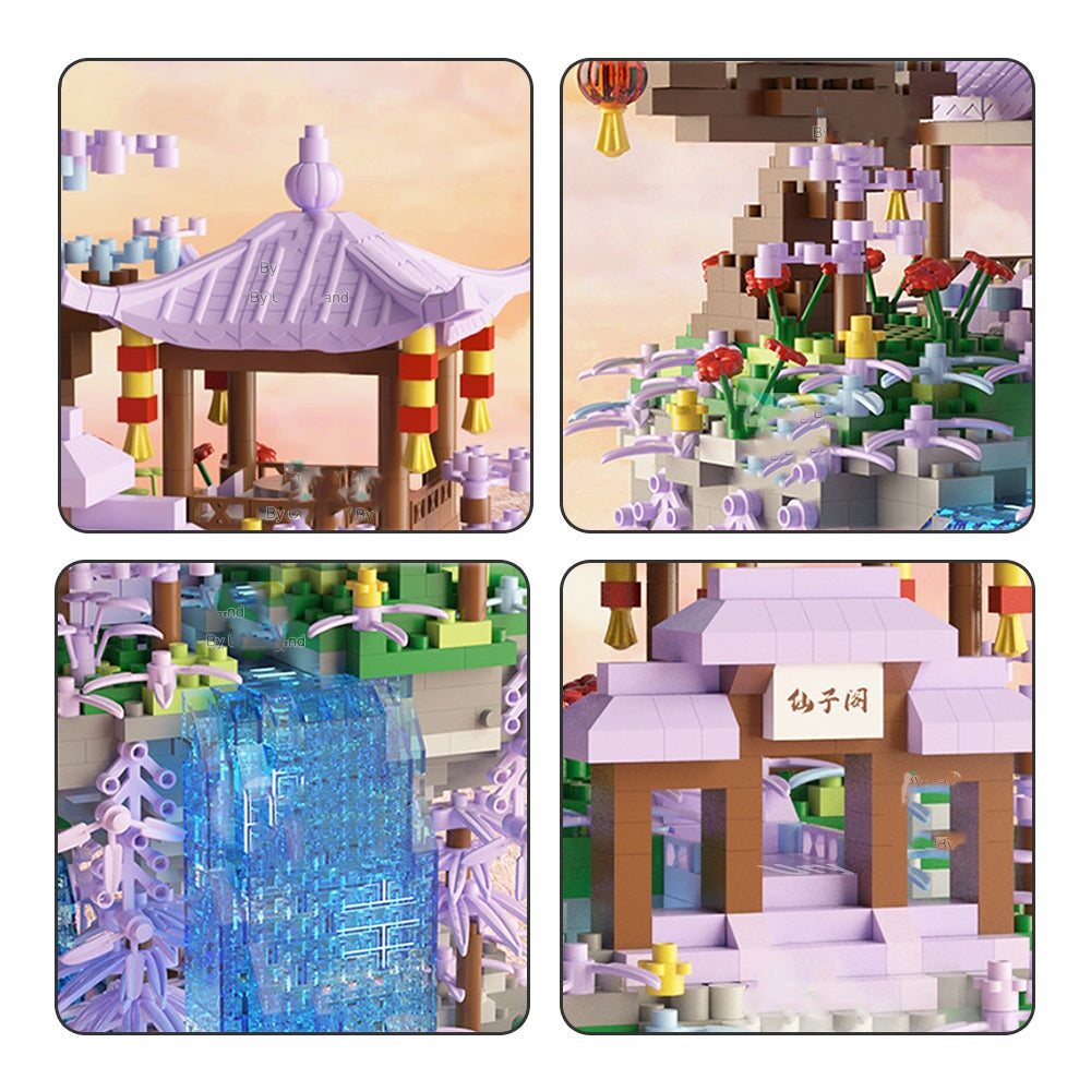 Purple Sakura Floating Pavilion Waterfall Island Nano Building Set