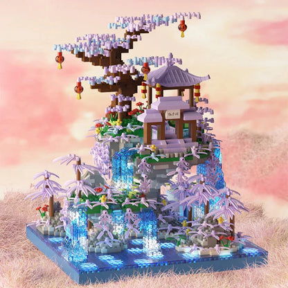 Purple Sakura Floating Pavilion Waterfall Island Nano Building Set