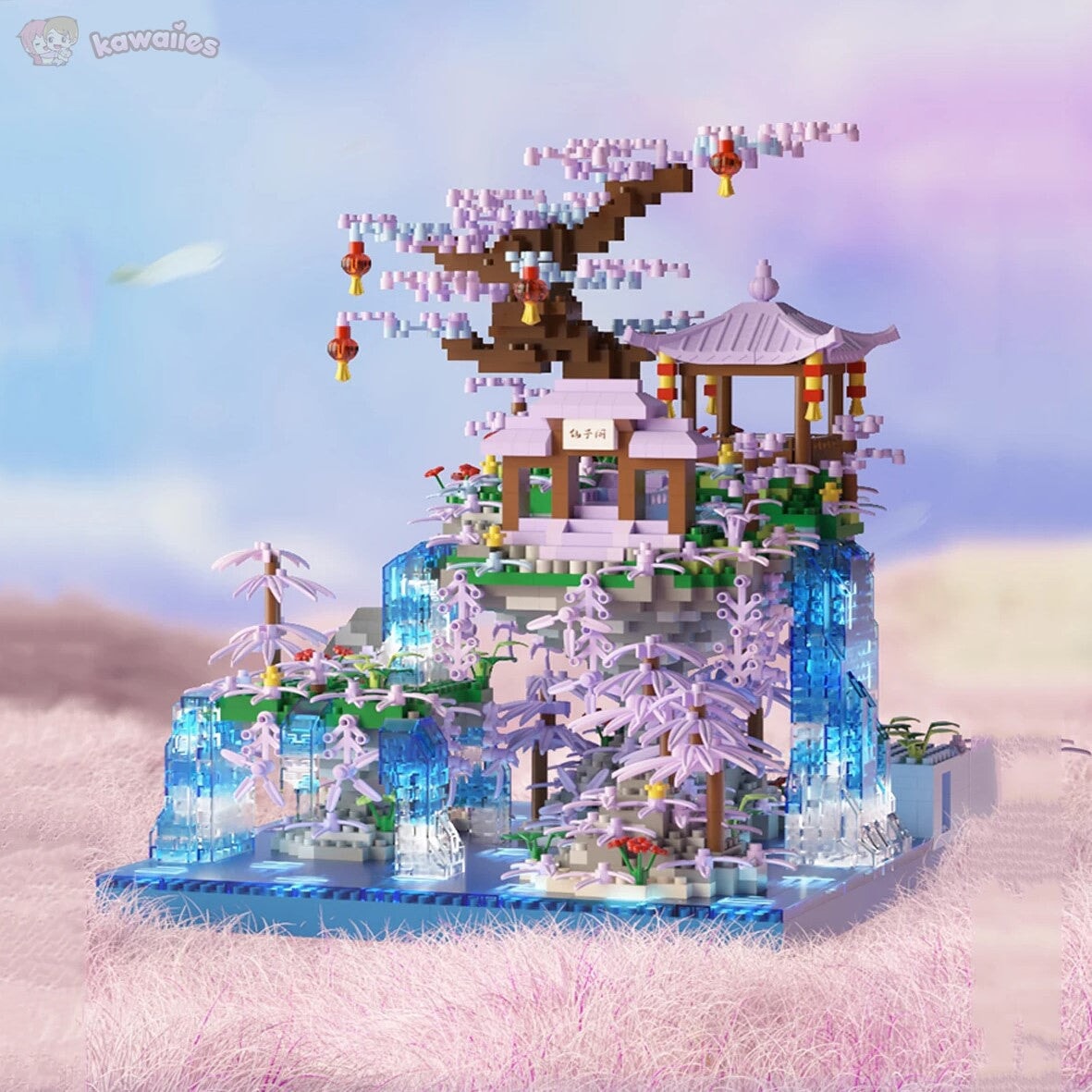 Purple Sakura Floating Pavilion Waterfall Island Nano Building Set
