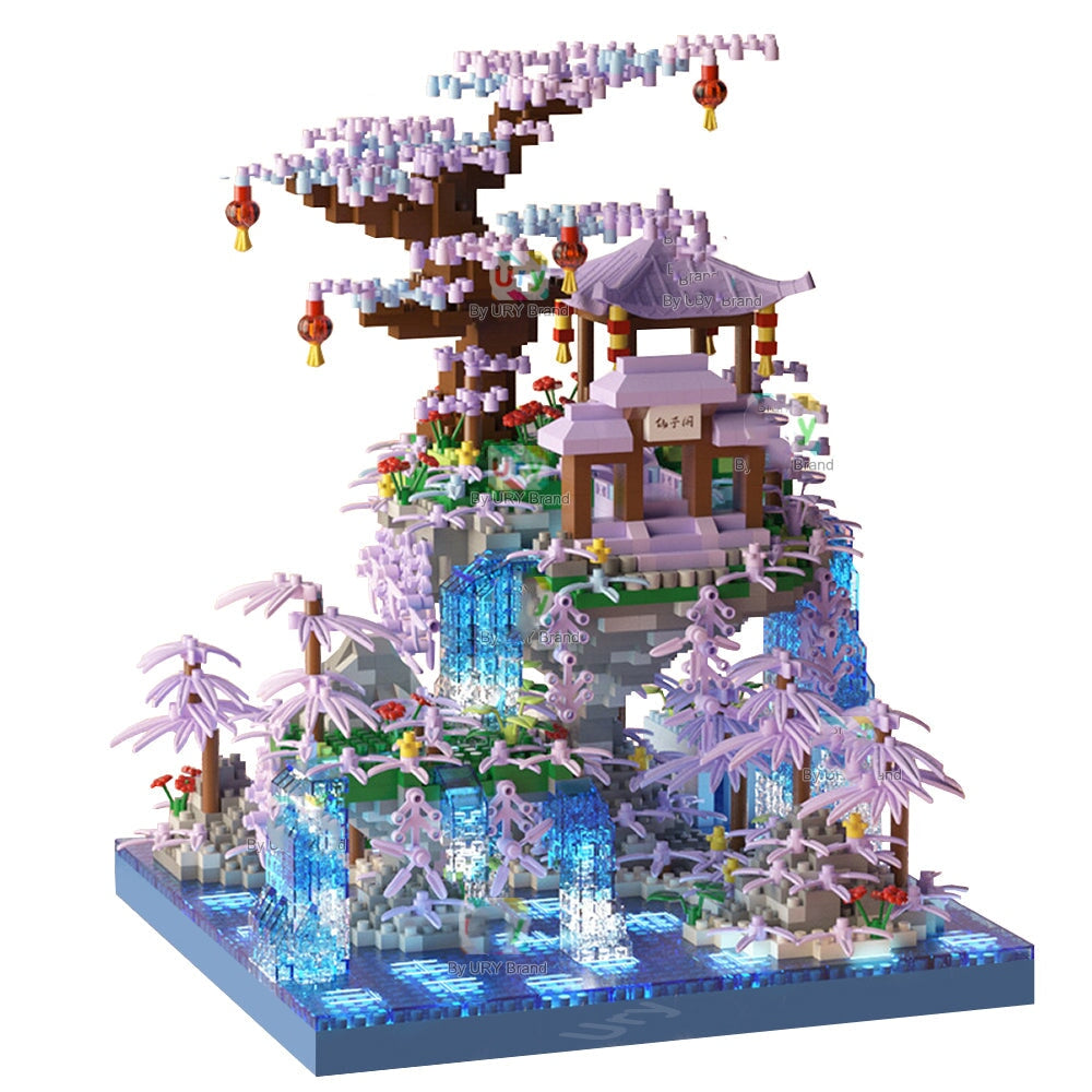 Purple Sakura Floating Pavilion Waterfall Island Nano Building Set