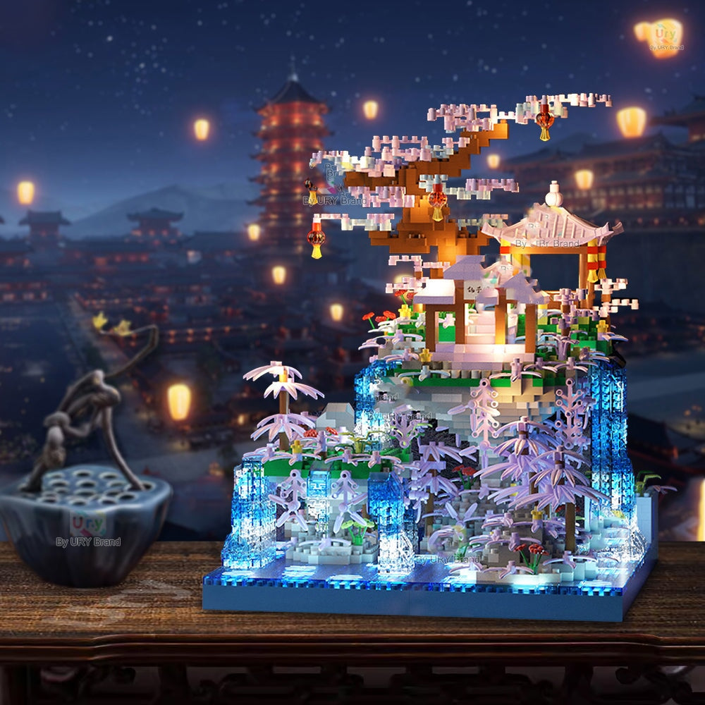 Purple Sakura Floating Pavilion Waterfall Island Nano Building Set