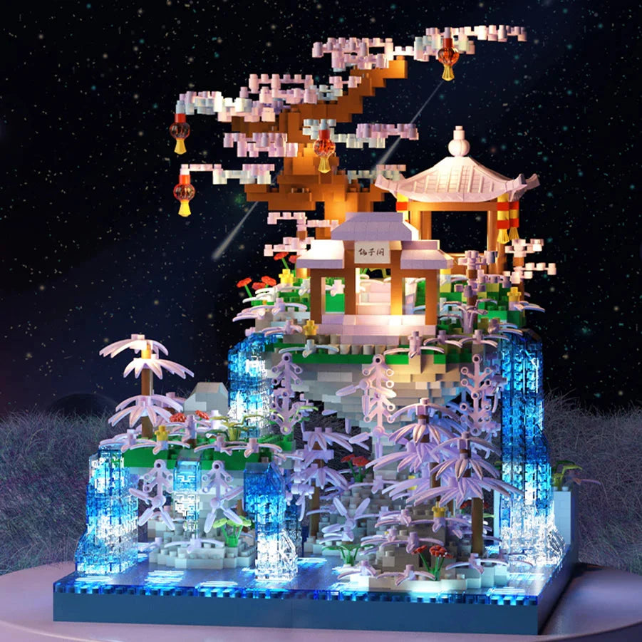 Purple Sakura Floating Pavilion Waterfall Island Nano Building Set