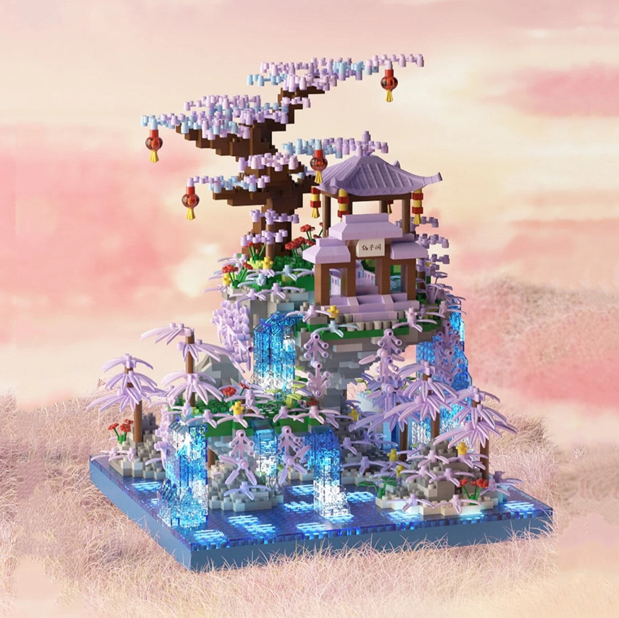 Purple Sakura Floating Pavilion Waterfall Island Nano Building Set