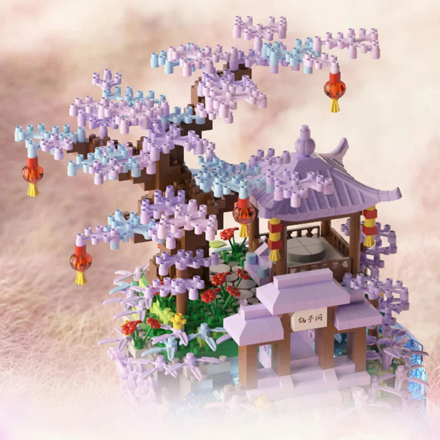 Purple Sakura Floating Pavilion Waterfall Island Nano Building Set