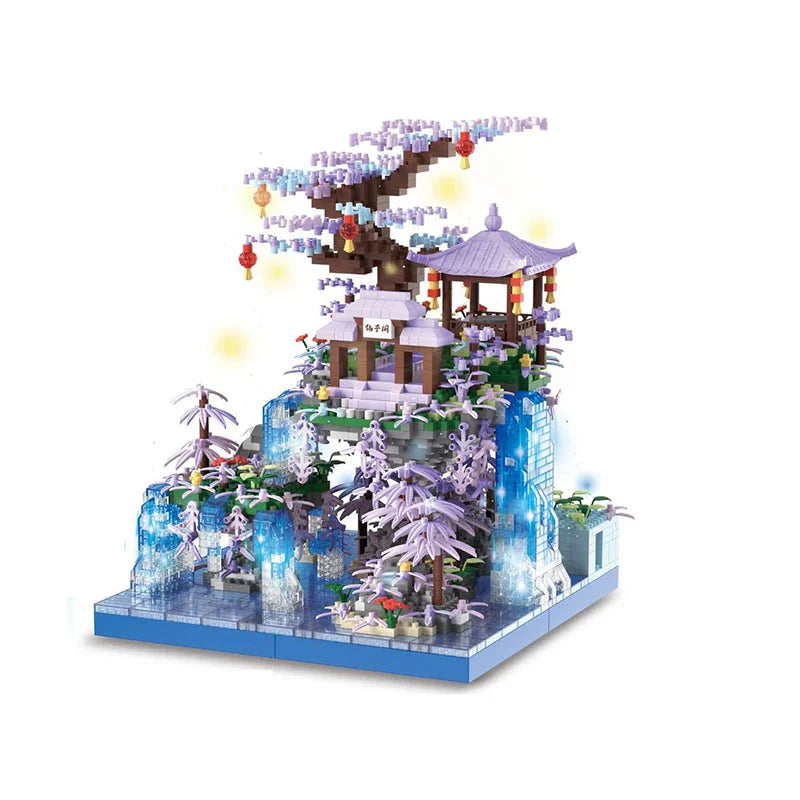 Purple Sakura Floating Pavilion Waterfall Island Nano Building Set