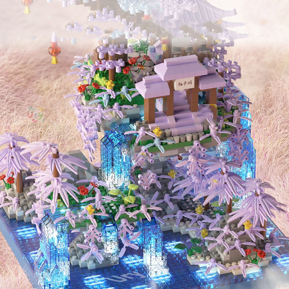 Purple Sakura Floating Pavilion Waterfall Island Nano Building Set