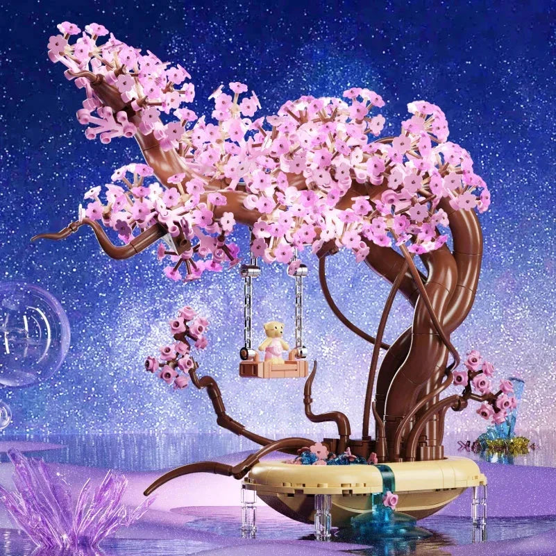 Romantic Sakura Bear Swing Tree Micro Building Blocks