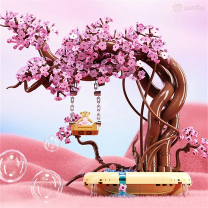 Romantic Sakura Bear Swing Tree Micro Building Blocks