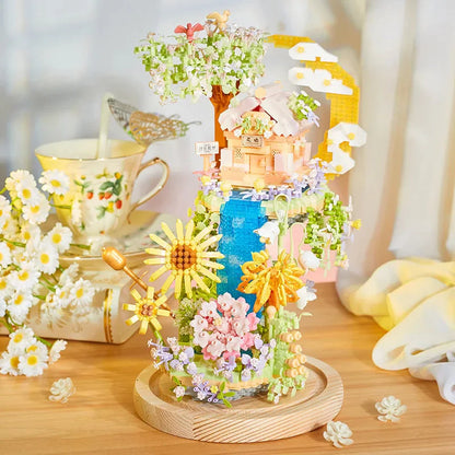 Romantic Waterfall Orchard Villa Micro Building Blocks With Light
