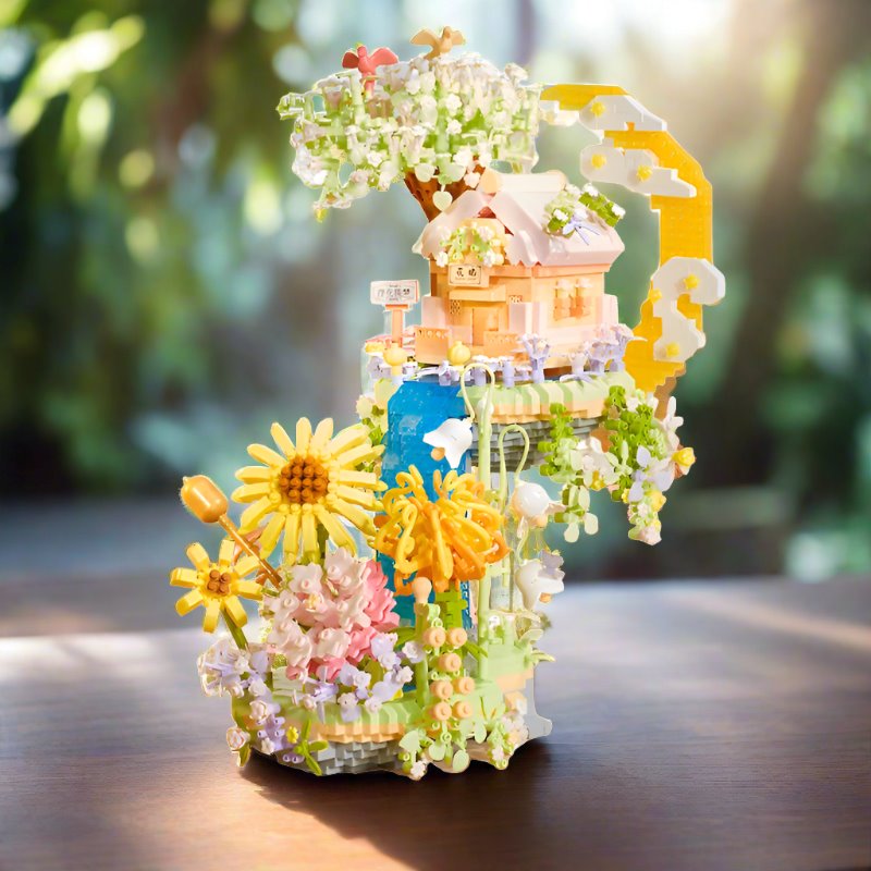 Romantic Waterfall Orchard Villa Micro Building Blocks With Light