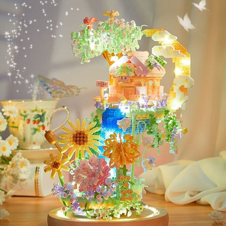 Romantic Waterfall Orchard Villa Micro Building Blocks With Light