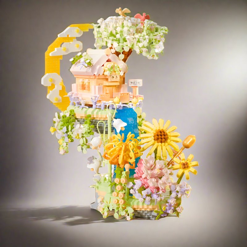 Romantic Waterfall Orchard Villa Micro Building Blocks With Light
