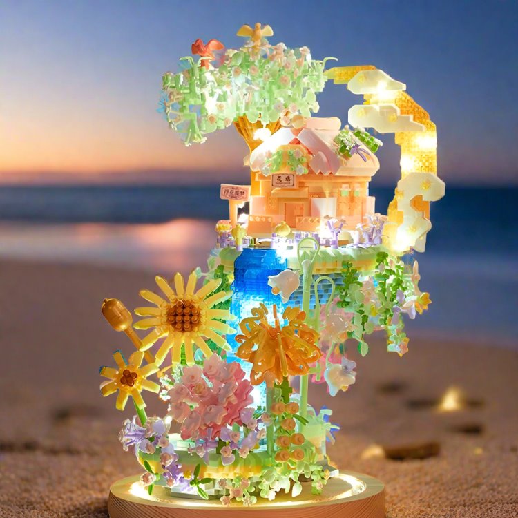 Romantic Waterfall Orchard Villa Micro Building Blocks With Light