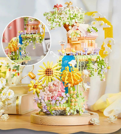 Romantic Waterfall Orchard Villa Micro Building Blocks With Light