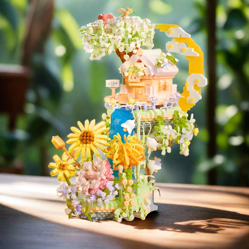Romantic Waterfall Orchard Villa Micro Building Blocks With Light