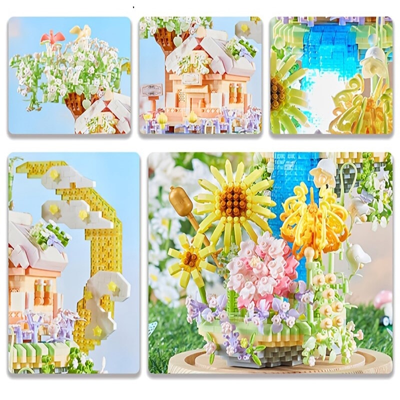 Romantic Waterfall Orchard Villa Micro Building Blocks With Light