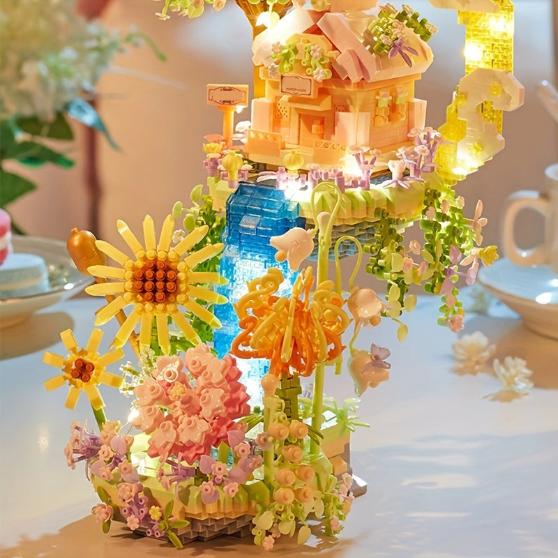 Romantic Waterfall Orchard Villa Micro Building Blocks With Light
