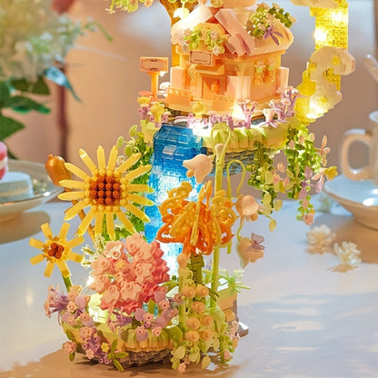 Romantic Waterfall Orchard Villa Micro Building Blocks With Light