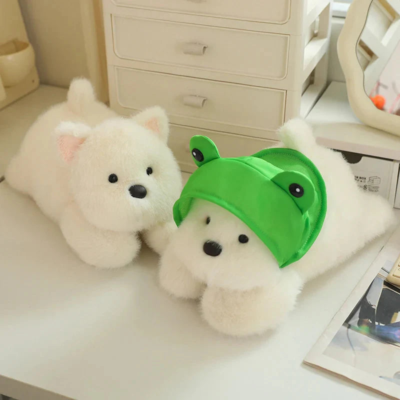 Snowy the White Maltese Plushie with Frog Hat